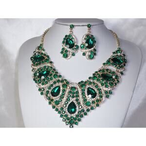 Green rhinestone necklace set,statement necklace,bridal prom party necklace set